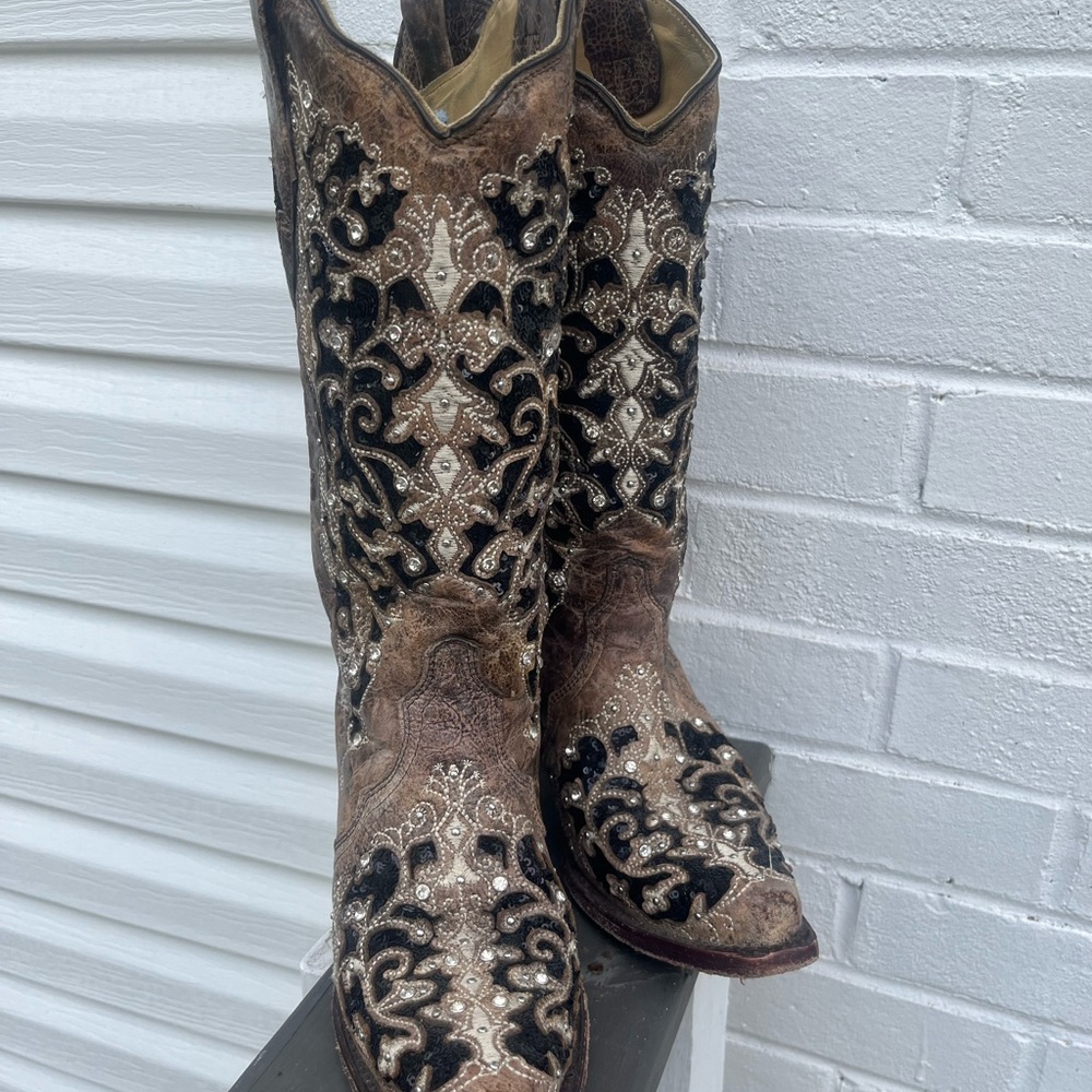 Corral Black and Brown Western Boots with Intricate Design